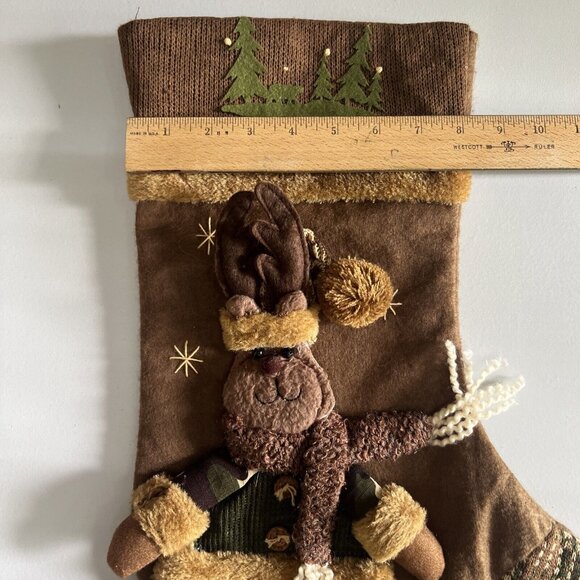 Rustic Christmas Stocking 3D Plush Reindeer Moose Trees Stars & Evergreen Decor - Picture 5 of 10